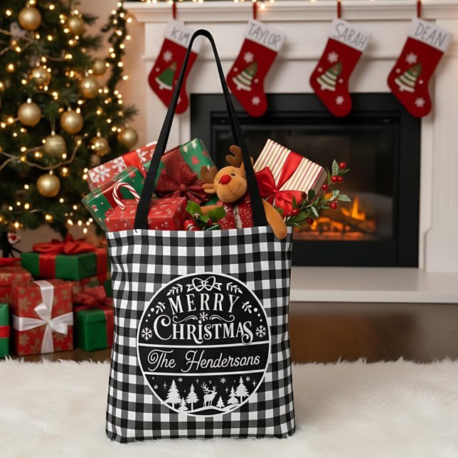 Merry Christmas Black & White Buffalo Plaid Custom Tote Bag (Creator Uploaded)