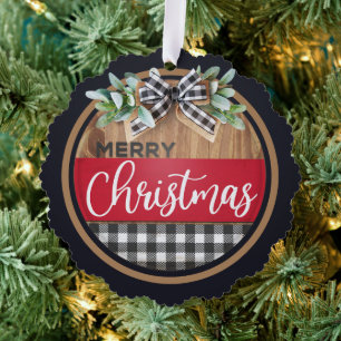 Merry Christmas Black White Buffalo Plaid Tree Decoration Card