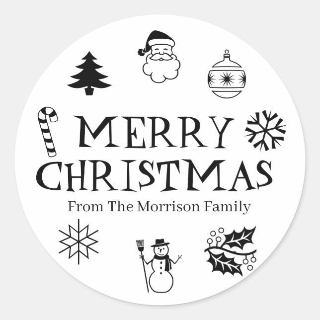 Merry Christmas black white custom name cute favou Classic Round Sticker (Front)