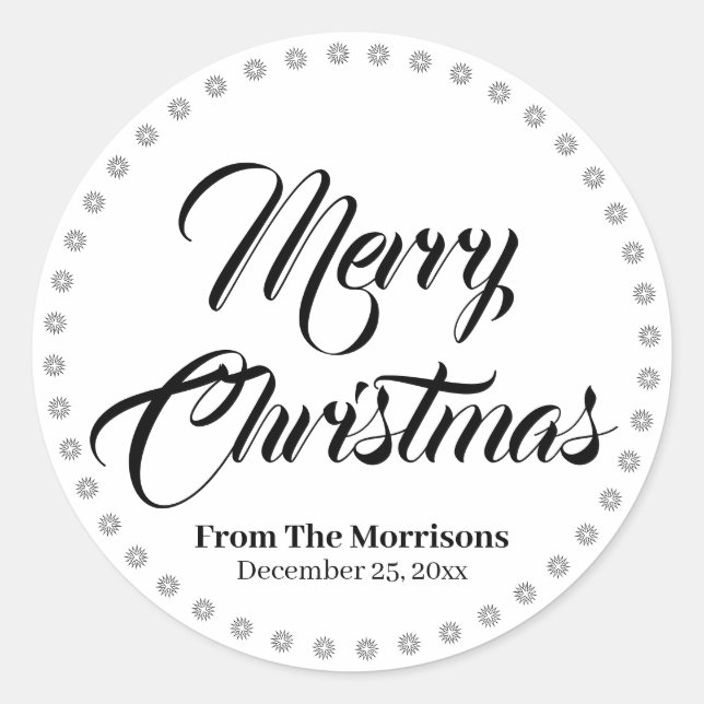 Merry Christmas black white custom script cute Classic Round Sticker (Front)