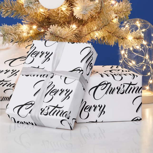 Merry Christmas black white custom script elegant Wrapping Paper (Holidays)