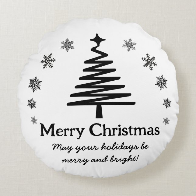 merry christmas black white holiday tree snowy round cushion (Front)