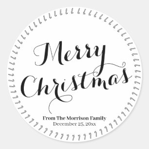 Merry Christmas black white script custom name Classic Round Sticker