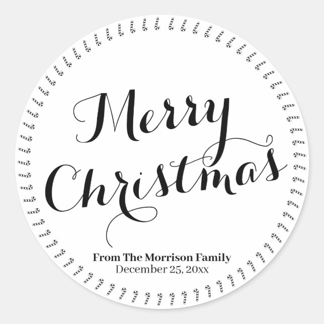 Merry Christmas black white script custom name Classic Round Sticker (Front)