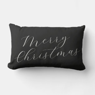 Merry Christmas Black White Script Modern Elegant Lumbar Cushion