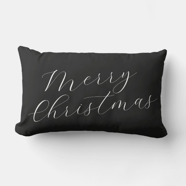 Merry Christmas Black White Script Modern Elegant Lumbar Cushion (Front)