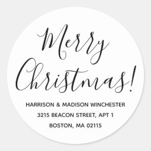 Merry Christmas black white script return address Classic Round Sticker