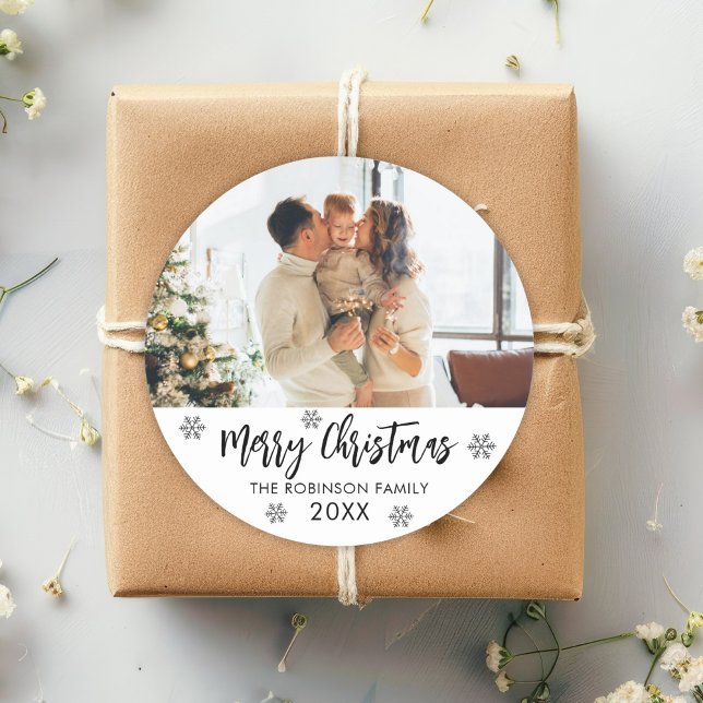 Merry Christmas Black White Snowflake Family Photo Classic Round Sticker (Creator Uploaded)