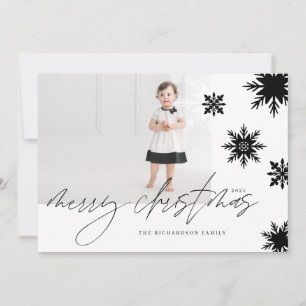 Merry Christmas Black & White Snowflakes Family Holiday Card
