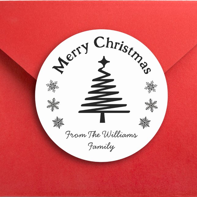 merry christmas black white tree&snowflakes classic round sticker (Creator Uploaded)