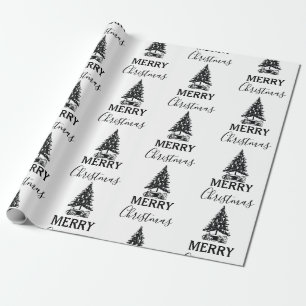 Merry Christmas Black & White Vintage Xmas Tree Wrapping Paper