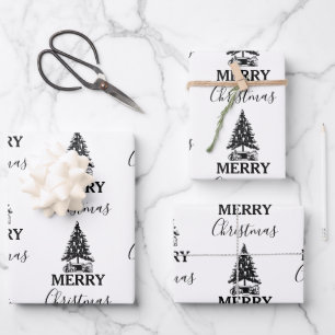 Merry Christmas Black & White Vintage Xmas Tree Wrapping Paper Sheet
