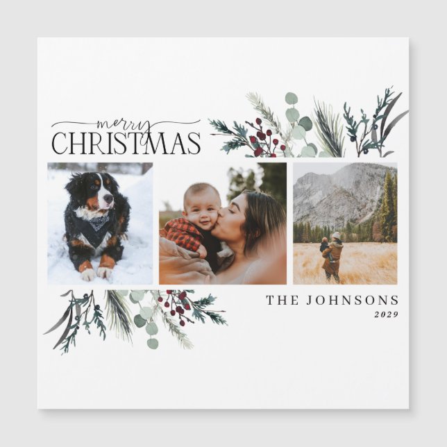 Merry Christmas Black Winter Floral Photo Magnet (Front)