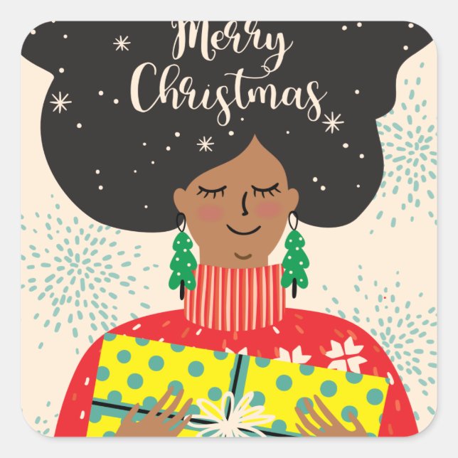 Merry Christmas, Black Woman, Bright Sweater Gift Square Sticker (Front)