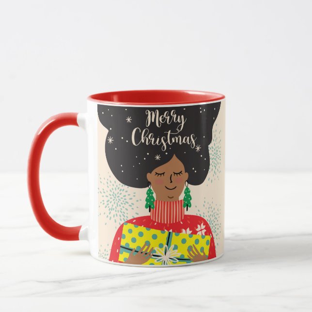 Merry Christmas, Black Woman, Bright Sweater Mug (Left)