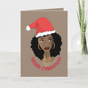 Merry Christmas, Black Woman, Red Santa Hat, Brown Card