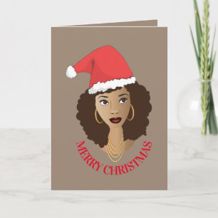 Merry Christmas, Black Woman, Red Santa Hat, Brown Card
