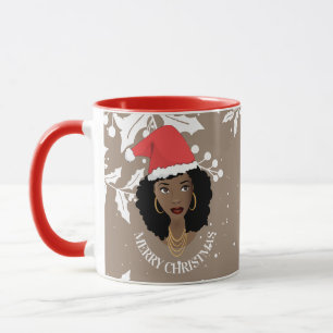 Merry Christmas, Black Woman, Red Santa Hat, Brown Mug