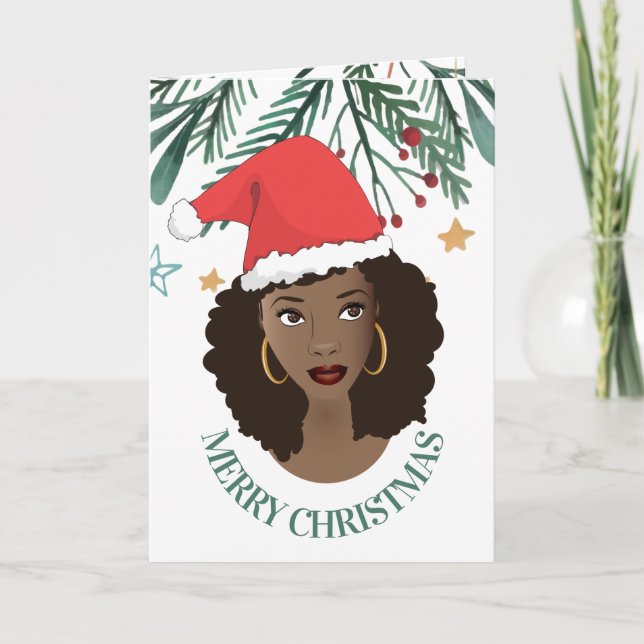 Merry Christmas, Black Woman, Red Santa Hat Card (Front)
