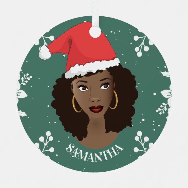 Merry Christmas, Black Woman Red Santa Hat, Green Metal Tree Decoration (Front)