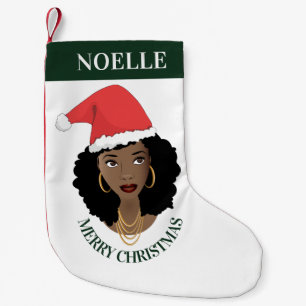 Merry Christmas, Black Woman, Red Santa Hat, Green Small Christmas Stocking