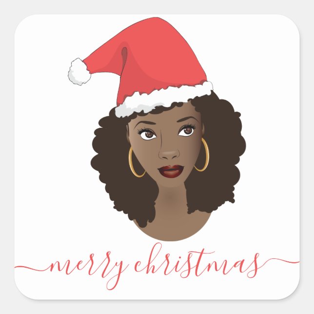 Merry Christmas, Black Woman, Red Santa Hat Square Sticker (Front)