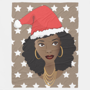 Merry Christmas, Black Woman, Red Santa Hat, Stars Fleece Blanket