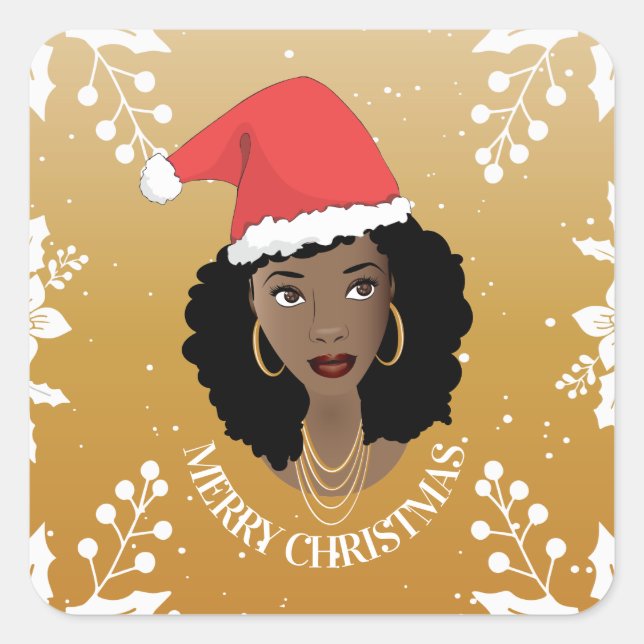 Merry Christmas, Black Woman, Red Santa, Yellow Square Sticker (Front)