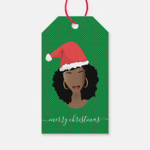 Merry Christmas, Black Woman, Santa Hat, Green Gift Tags