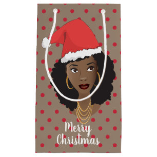 Merry Christmas! Black Woman Santa Hat Gum Red Small Gift Bag