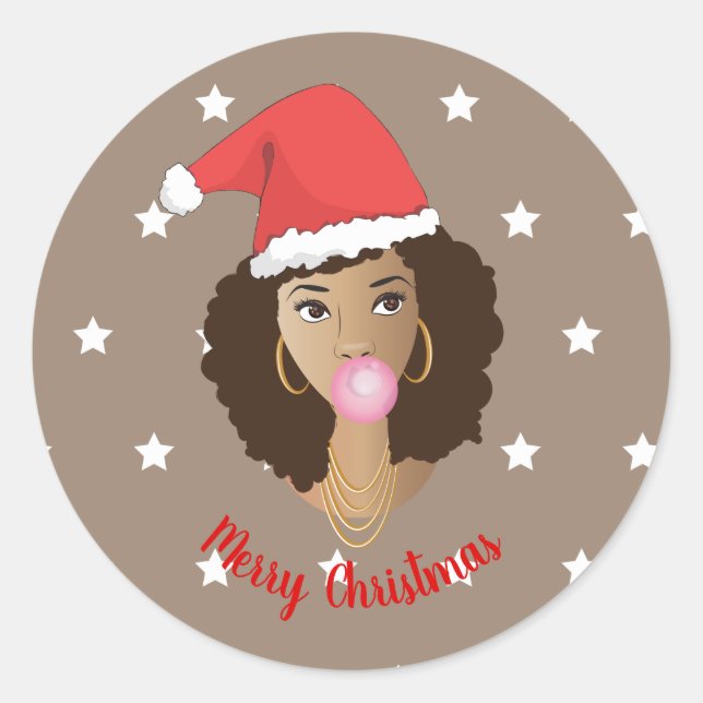 Merry Christmas! Black Woman, Santa Hat, Gum, Star Classic Round Sticker (Front)