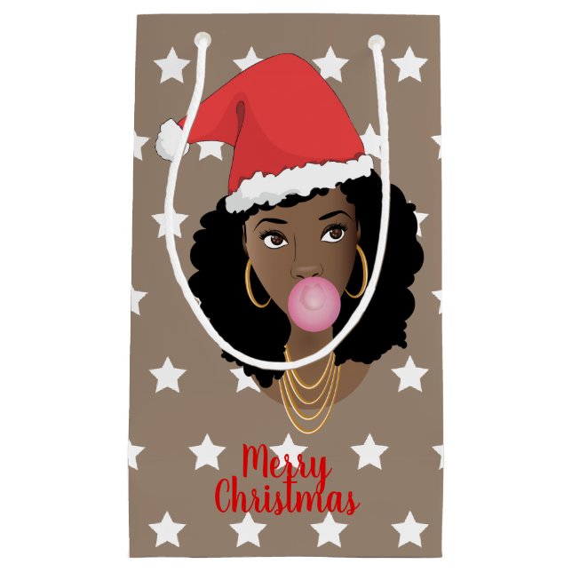 Merry Christmas Black Woman Santa Hat, Gum, Stars Small Gift Bag (Front)