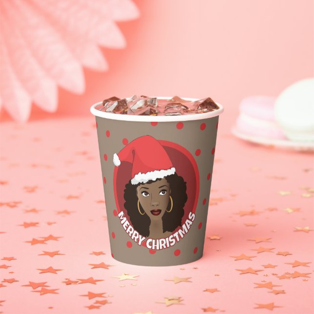 Merry Christmas, Black Woman Santa Hat Paper Cups (Insitu)