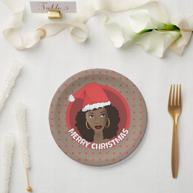 Merry Christmas, Black Woman Santa Hat Paper Plate (Wedding)