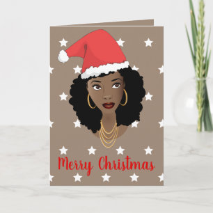 Merry Christmas! Black Woman Santa Hat White Stars Card