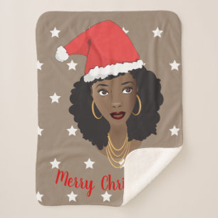 Merry Christmas, Black Woman, White Stars, Brown Sherpa Blanket