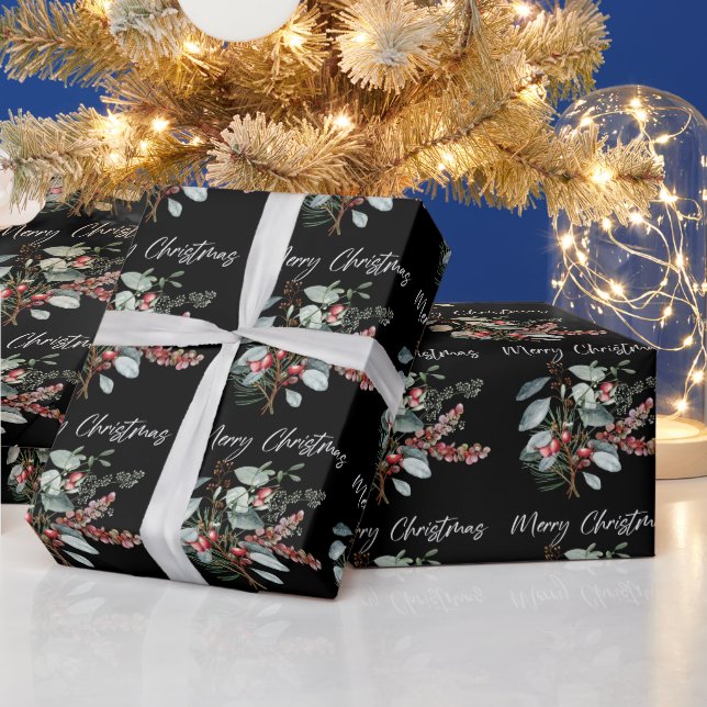Merry Christmas Black Wrapping Paper (Holidays)