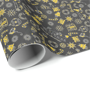 Merry Christmas Black Yellow Santa Wreath Candle Wrapping Paper
