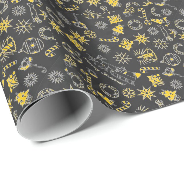 Merry Christmas Black Yellow Santa Wreath Candle Wrapping Paper (Roll Corner)