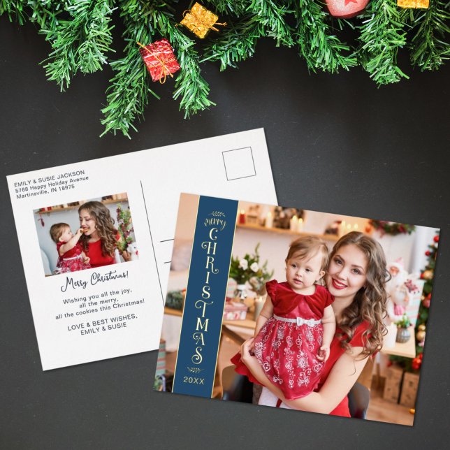 Merry Christmas blue 2 photos family gold Foil Holiday Postcard (Creator Uploaded)