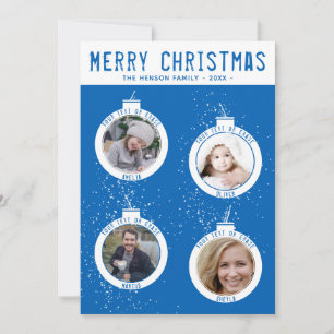 Merry Christmas Blue 4 Ball Family Photo Collage Holiday Card