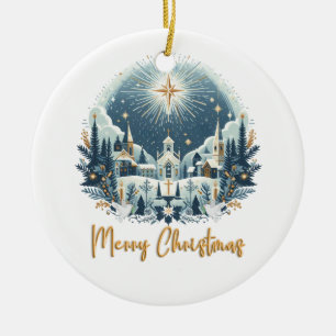 Merry Christmas blue and gold Ceramic Ornament