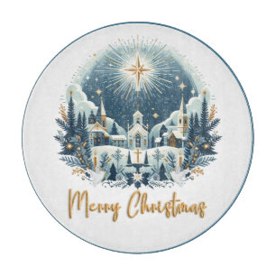Merry Christmas blue and gold Cutting Board