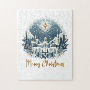 Merry Christmas blue and gold Jigsaw Puzzle