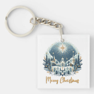 Merry Christmas blue and gold Key Ring
