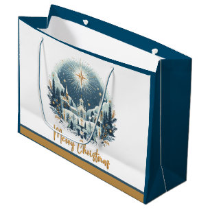 Merry Christmas blue and gold Large Gift Bag