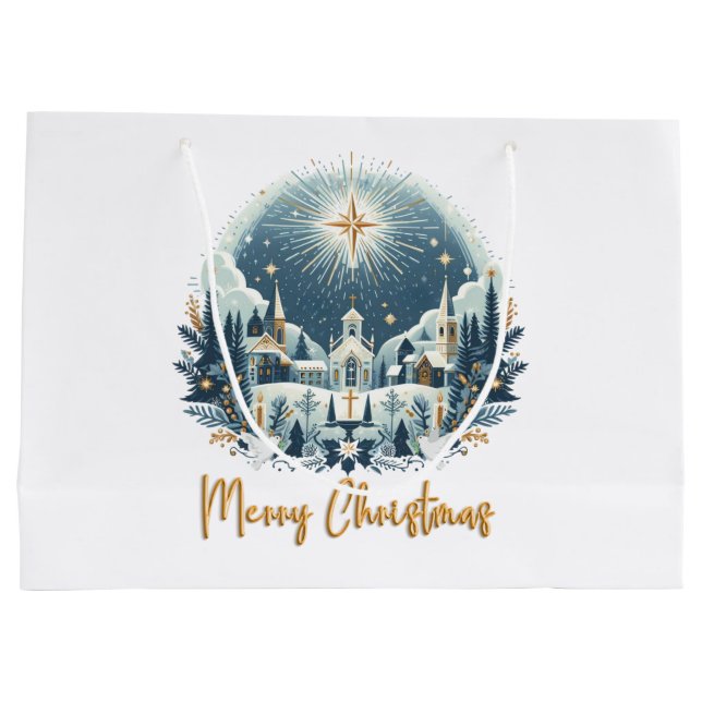 Merry Christmas blue and gold  Large Gift Bag (Back)
