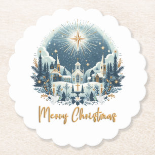 Merry Christmas blue and gold Paper Coaster