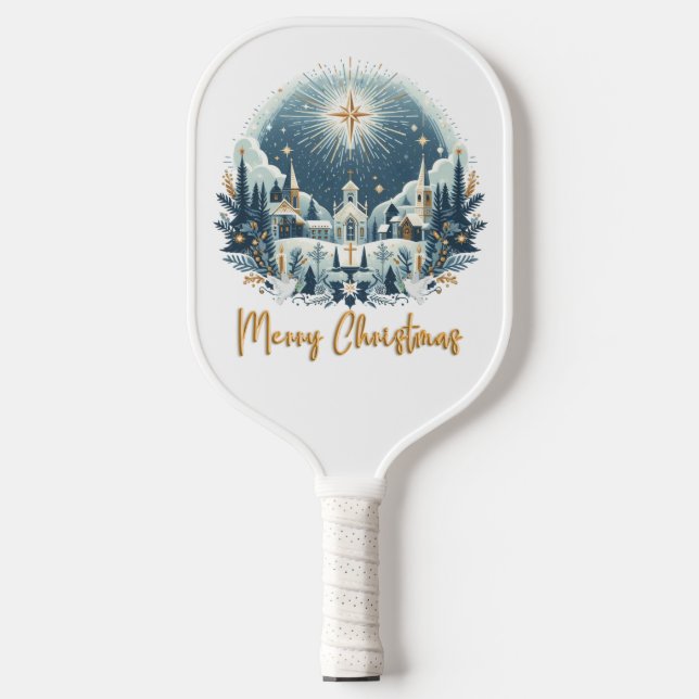 Merry Christmas blue and gold  Pickleball Paddle (Front)