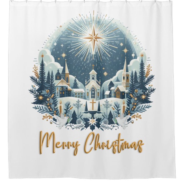 Merry Christmas blue and gold  Shower Curtain (Front)